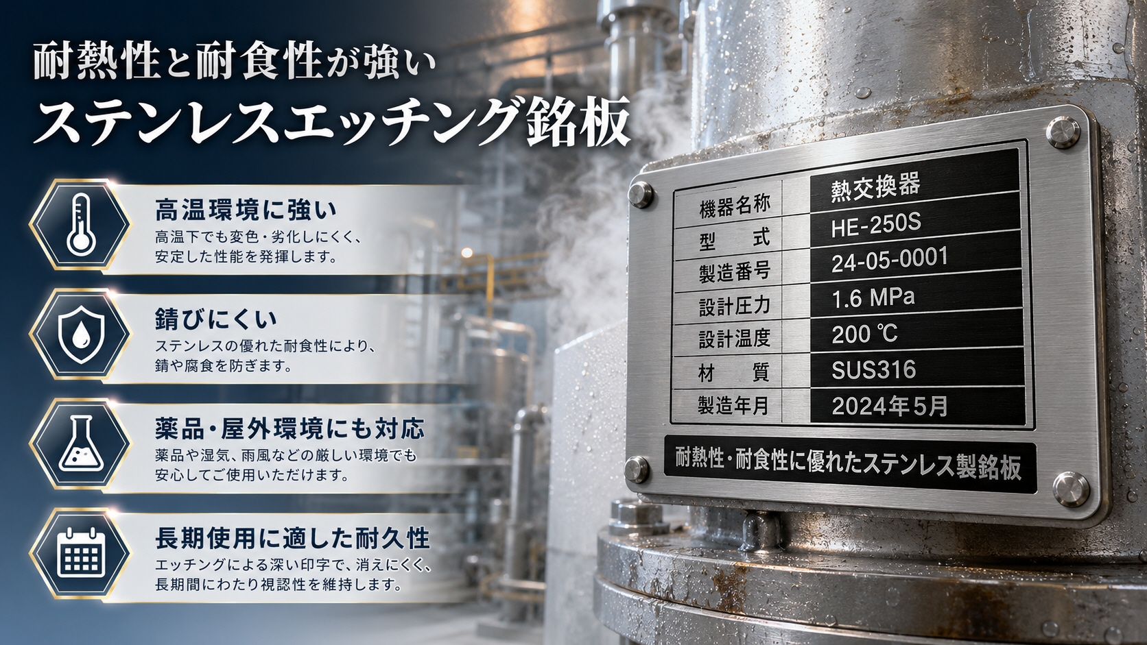 耐熱・耐食性のステンレス銘板